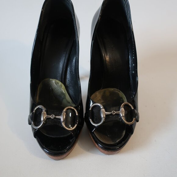 Women Gucci Black Patent Leather Horsebit Peep Toe Platform Heels 6 - Picture 6 of 16